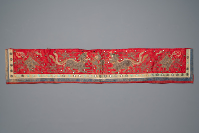 Five Chinese embroidered silk cloths with phoenixes, Buddhist lions and Sanxing, 19/20th C.