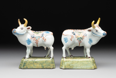 A pair of polychrome Dutch Delft cows, 18th C.
