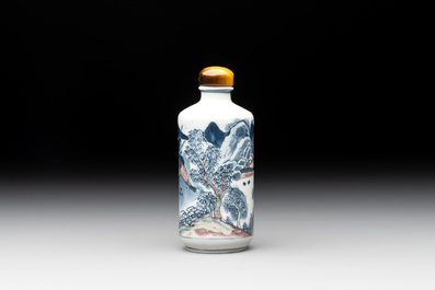 A Chinese blue, white and copper-red 'tiger hunt' snuff bottle, 19th C.
