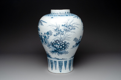 A very large Dutch Delft blue and white chinoiserie baluster vase, last quarter 17th C.