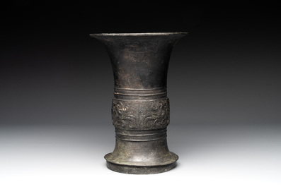 A Chinese archaic bronze ritual wine vessel, 'gu 觚', Western Zhou