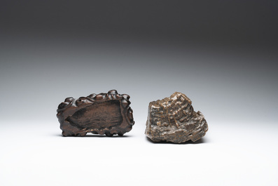 A Chinese petrified wood scholar's rock on wooden stand, 17/18th C.