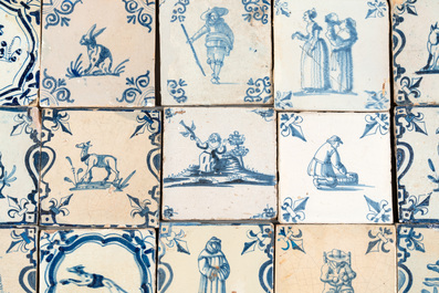 35 blue and white Dutch Delft tiles with figures and animals, 17/18th C.