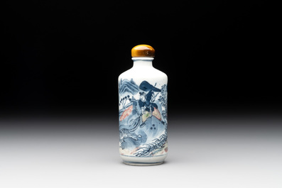 A Chinese blue, white and copper-red 'tiger hunt' snuff bottle, 19th C.