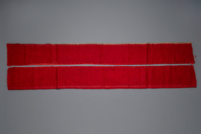 Five Chinese embroidered silk cloths with phoenixes, Buddhist lions and Sanxing, 19/20th C.