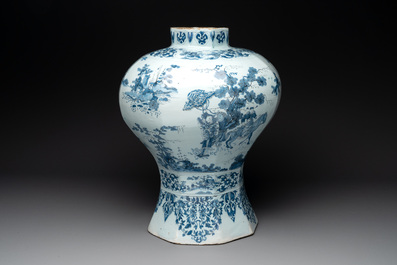 A very large Dutch Delft blue and white chinoiserie baluster vase, second half 17th C.
