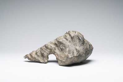 A Chinese Lingbi stone scholar's rock on wooden stand, 20th C.