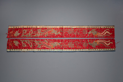 Five Chinese embroidered silk cloths with phoenixes, Buddhist lions and Sanxing, 19/20th C.