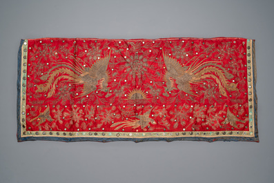 Five Chinese embroidered silk cloths with phoenixes, Buddhist lions and Sanxing, 19/20th C.
