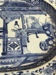 A pair of octagonal Chinese blue and white 'court ladies' dishes, Yongzheng