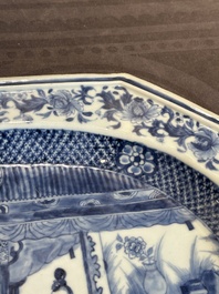A pair of octagonal Chinese blue and white 'court ladies' dishes, Yongzheng