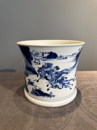 A rare Chinese blue and white 'Mongolian hunt' brush pot, Wen Zhang Shan Dou 文章山斗 mark, Kangxi