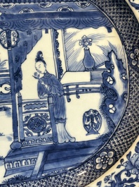 A pair of octagonal Chinese blue and white 'court ladies' dishes, Yongzheng