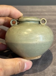 Six Chinese Longquan celadon jarlets with incised floral design, Yuan/Ming