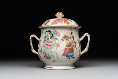 A Chinese Canton famille rose 'Wu Shuang Pu' covered sugar bowl and two bowls, 19th C.