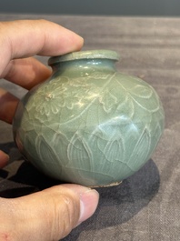Six Chinese Longquan celadon jarlets with incised floral design, Yuan/Ming