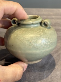 Six Chinese Longquan celadon jarlets with incised floral design, Yuan/Ming