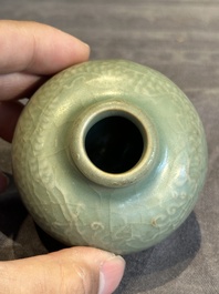 Six Chinese Longquan celadon jarlets with incised floral design, Yuan/Ming