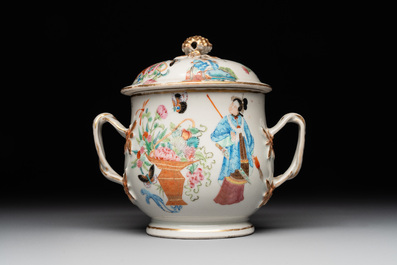 A Chinese Canton famille rose 'Wu Shuang Pu' covered sugar bowl and two bowls, 19th C.