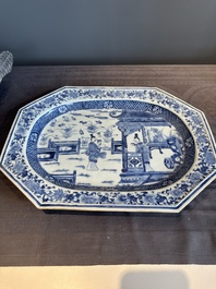 A pair of octagonal Chinese blue and white 'court ladies' dishes, Yongzheng