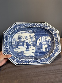 A pair of octagonal Chinese blue and white 'court ladies' dishes, Yongzheng
