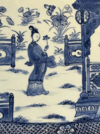 A pair of octagonal Chinese blue and white 'court ladies' dishes, Yongzheng