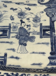 A pair of octagonal Chinese blue and white 'court ladies' dishes, Yongzheng