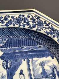 A pair of octagonal Chinese blue and white 'court ladies' dishes, Yongzheng