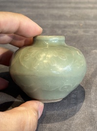 Six Chinese Longquan celadon jarlets with incised floral design, Yuan/Ming