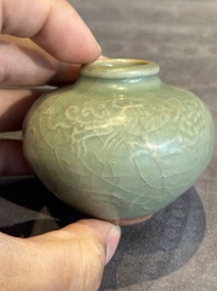 Six Chinese Longquan celadon jarlets with incised floral design, Yuan/Ming