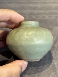 Six Chinese Longquan celadon jarlets with incised floral design, Yuan/Ming