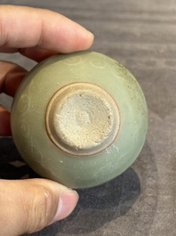 Six Chinese Longquan celadon jarlets with incised floral design, Yuan/Ming