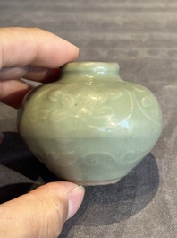 Six Chinese Longquan celadon jarlets with incised floral design, Yuan/Ming