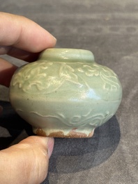 Six Chinese Longquan celadon jarlets with incised floral design, Yuan/Ming