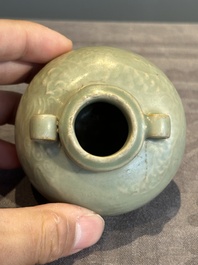 Six Chinese Longquan celadon jarlets with incised floral design, Yuan/Ming