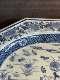 A pair of octagonal Chinese blue and white 'court ladies' dishes, Yongzheng