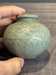 Six Chinese Longquan celadon jarlets with incised floral design, Yuan/Ming