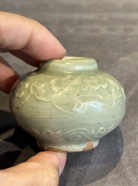 Six Chinese Longquan celadon jarlets with incised floral design, Yuan/Ming