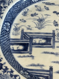 A pair of octagonal Chinese blue and white 'court ladies' dishes, Yongzheng