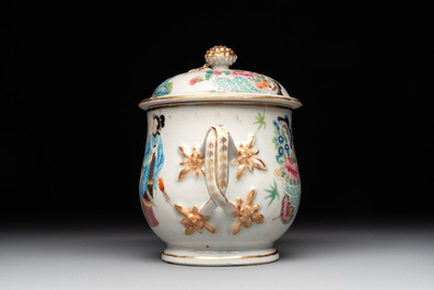 A Chinese Canton famille rose 'Wu Shuang Pu' covered sugar bowl and two bowls, 19th C.
