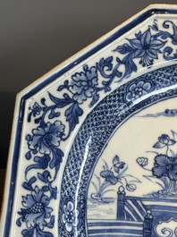 A pair of octagonal Chinese blue and white 'court ladies' dishes, Yongzheng