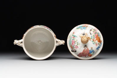 A Chinese Canton famille rose 'Wu Shuang Pu' covered sugar bowl and two bowls, 19th C.