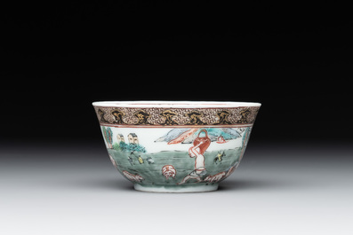 A fine Chinese famille rose 'apple pickers' cup and saucer, Yongzheng