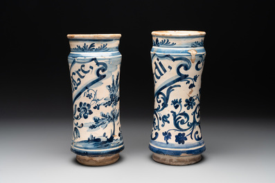 Two Spanish blue and white albarelli, 17th C.