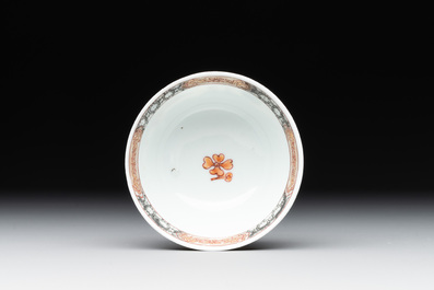 A fine Chinese famille rose 'apple pickers' cup and saucer, Yongzheng