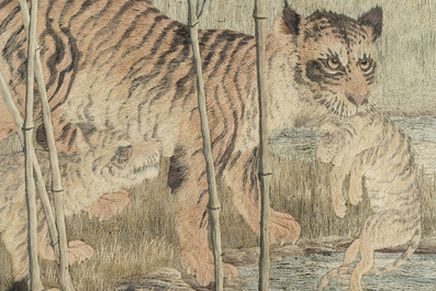 A Japanese embroidered silk with six tigers in the bamboo forest, 應舉 mark, Meiji, 19th C.