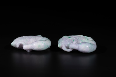 A pair of Chinese lavender- and apple-green jadeite mandarin ducks, Qing