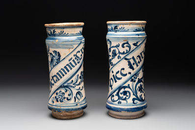 Two Spanish blue and white albarelli, 17th C.
