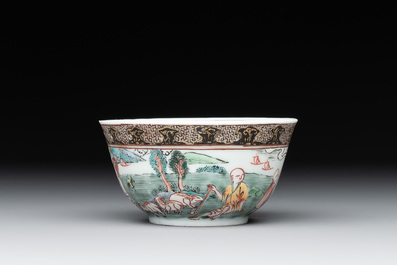 A fine Chinese famille rose 'apple pickers' cup and saucer, Yongzheng