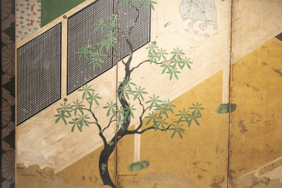 A Japanese six-panel 'byobu' screen: ink, colour and gold leaf on paper, with silk border, Edo, 18th C.